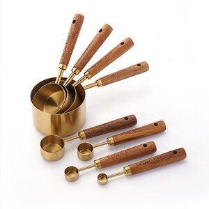 8-Piece Gold Measuring Cups and Spoons with Wooden Handle